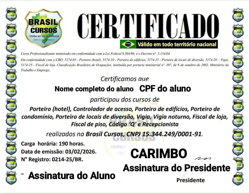 Modelo de certificado de 190 horas da Brasil Cursos